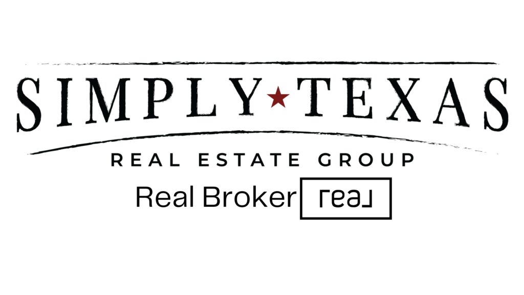 Simply Texas Real Estate Group logo with bold serif letters, a red star between words, curved separators, and a boxed [re] symbol for Real Broker.