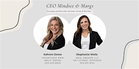 Promotional banner for 'CEO Mindset & MargS' featuring two women in circular frames (Kahren Oxner and Stephanie Wells) with decorative background shapes and event subtitle text.