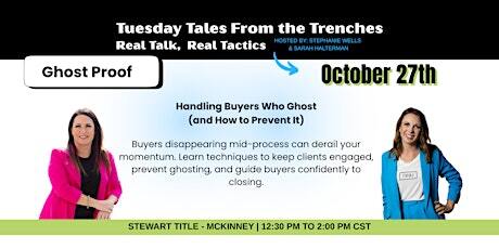 Promotional banner for 'Tuesday Tales From the Trenches: Ghost Proof' webinar, October 27, with two female hosts.
